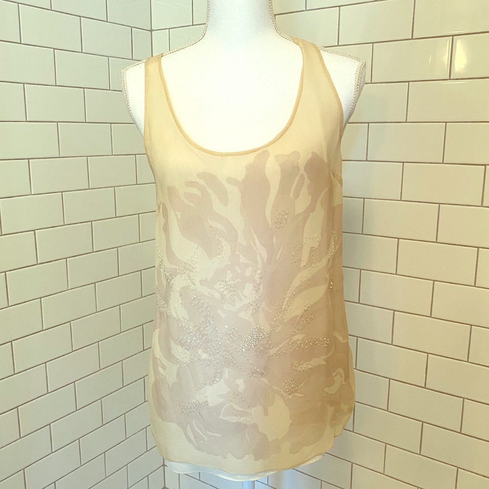 Cream Cheer Silk Tank with Floral bead pattern, S